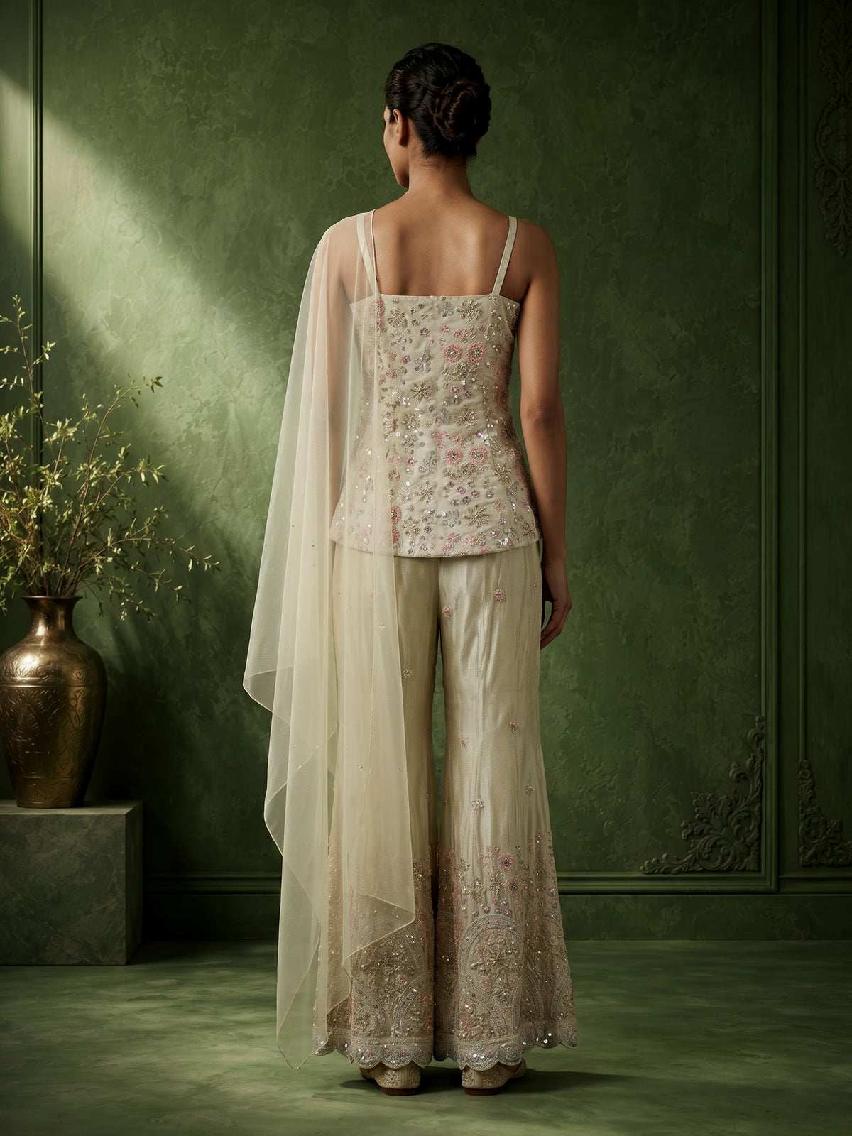 Champagne ivory embellished palazzo suit