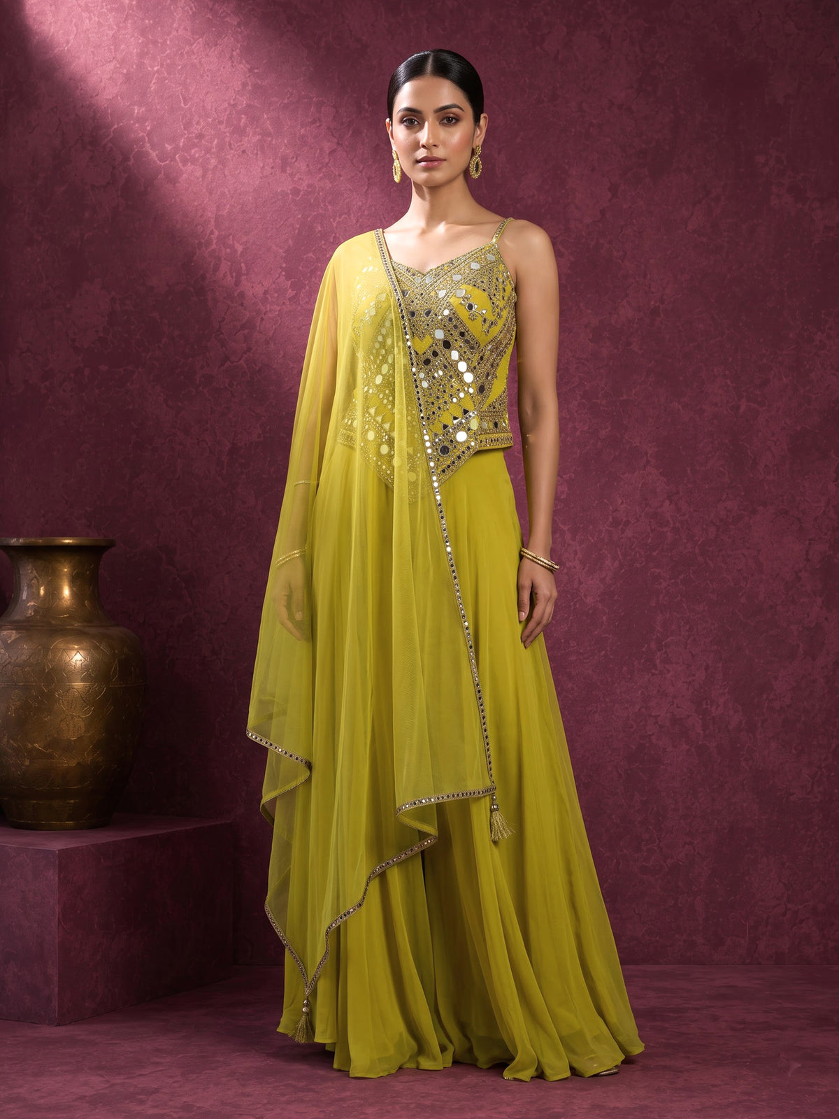 Chartreuse mustard embellished palazzo suit