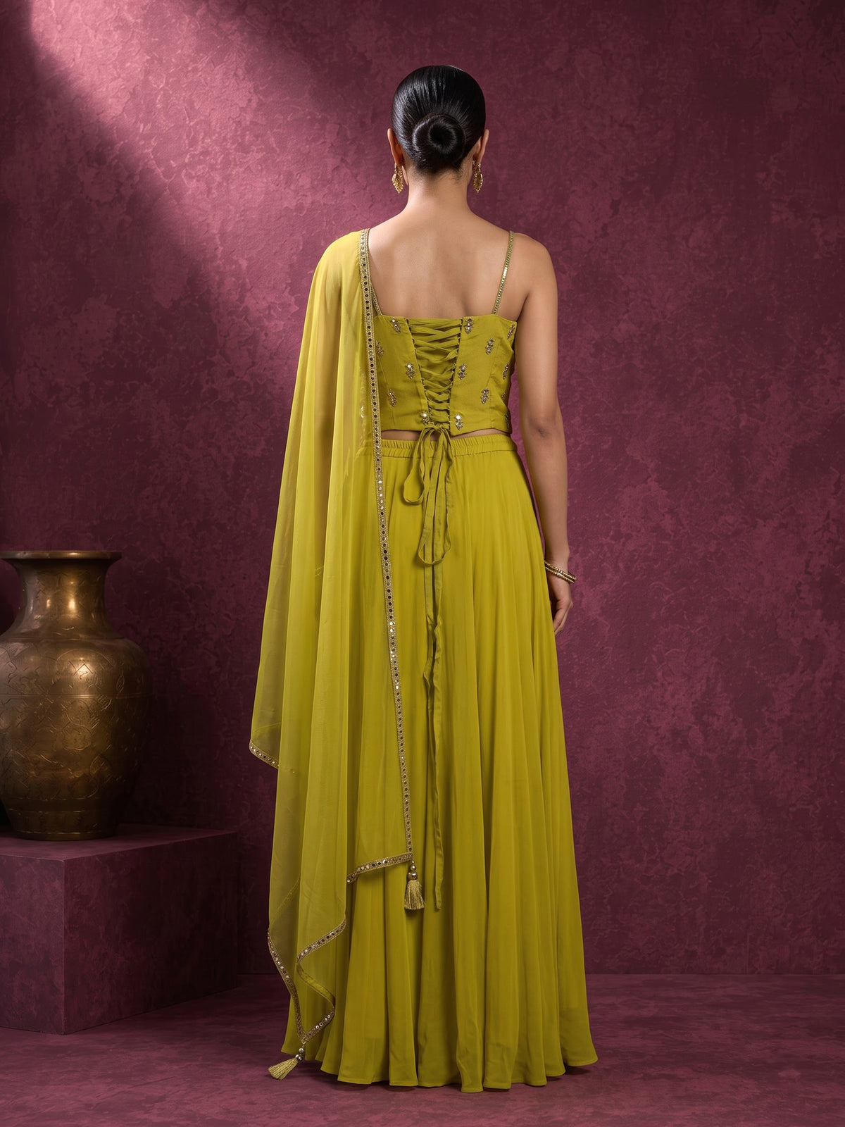 Chartreuse mustard embellished palazzo suit
