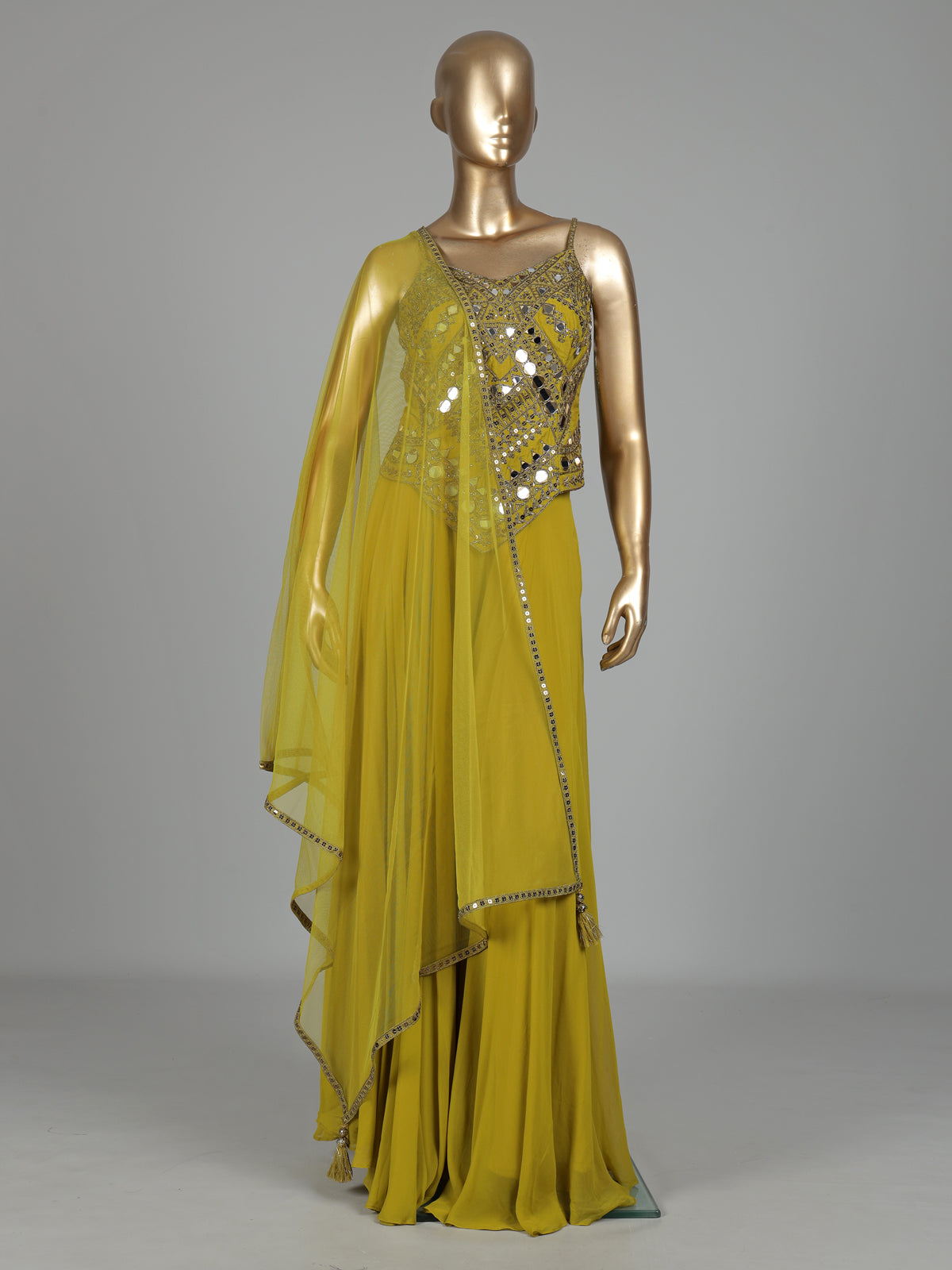Chartreuse mustard embellished palazzo suit