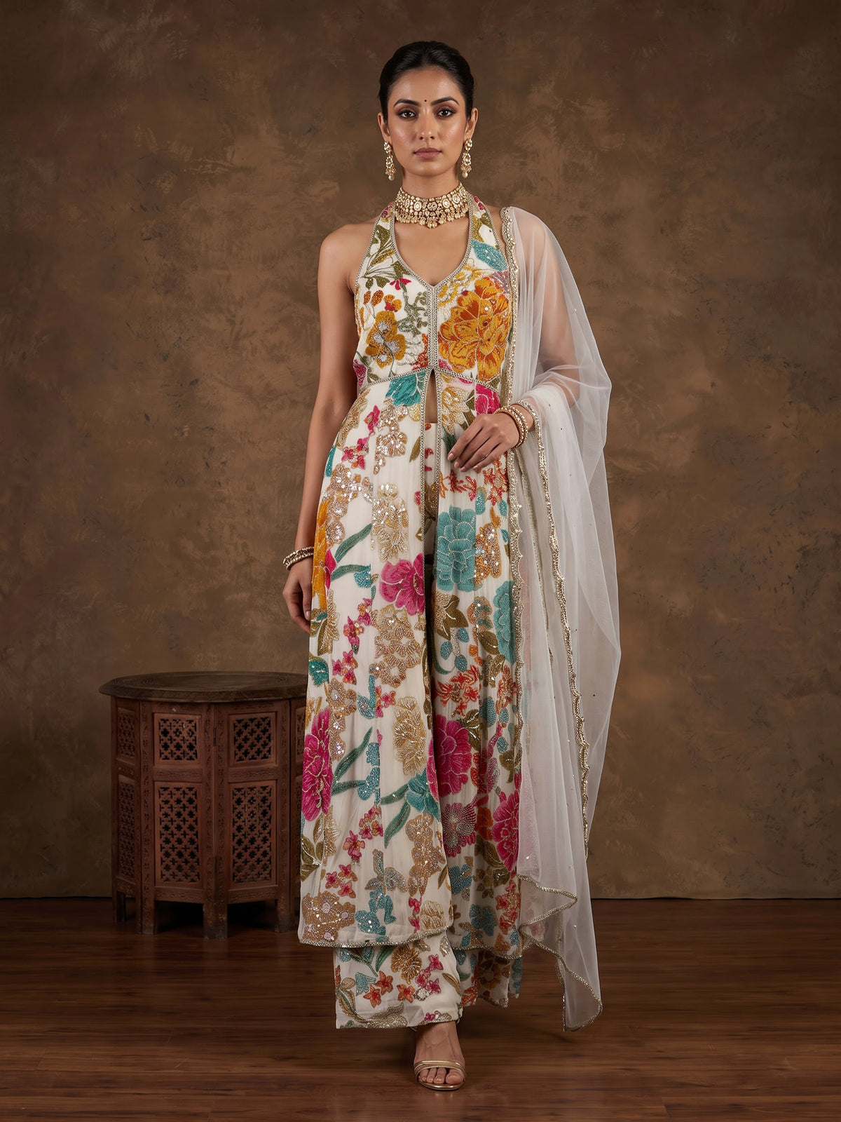 Ivory botanical crepe palazzo suit