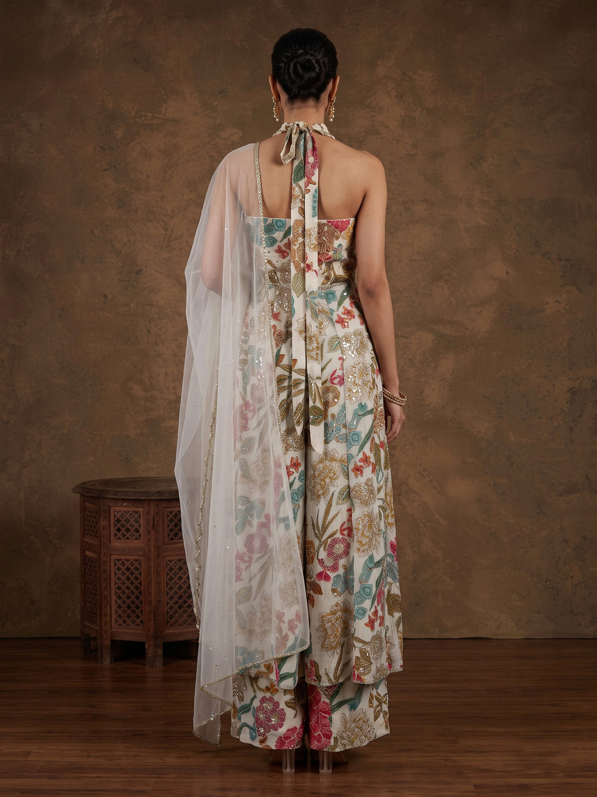 Ivory botanical crepe palazzo suit