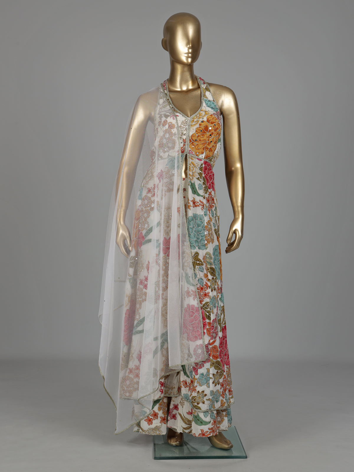 Ivory botanical crepe palazzo suit