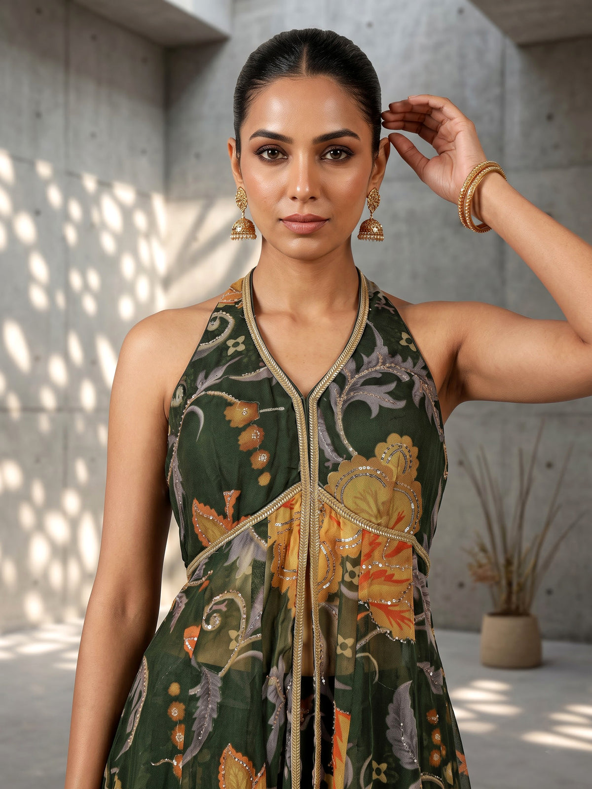 Bottle green floral palazzo suit
