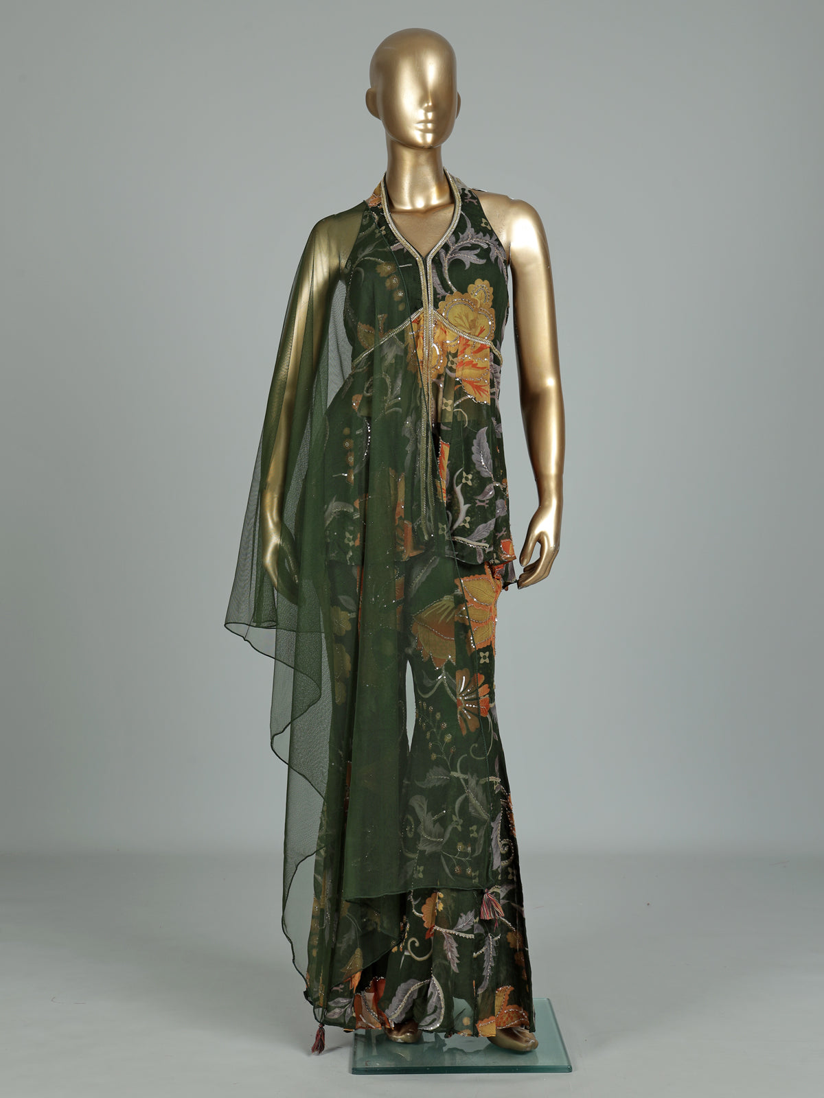 Bottle green floral palazzo suit