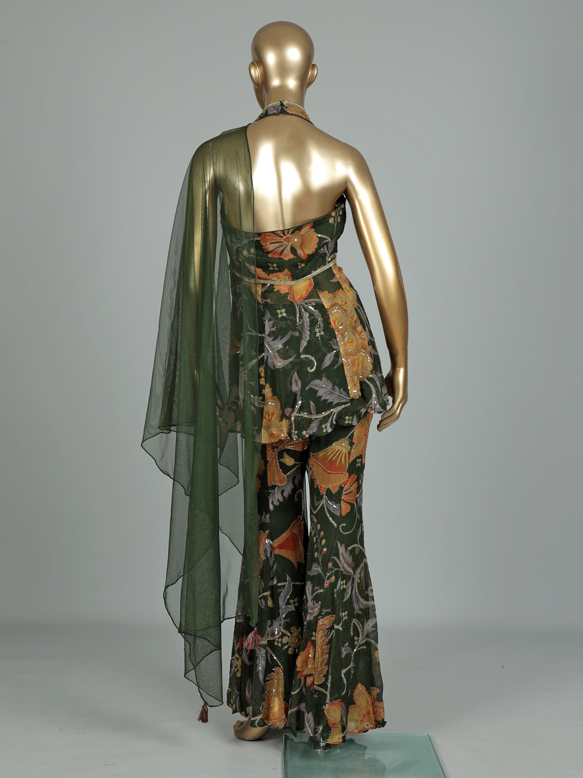 Bottle green floral palazzo suit