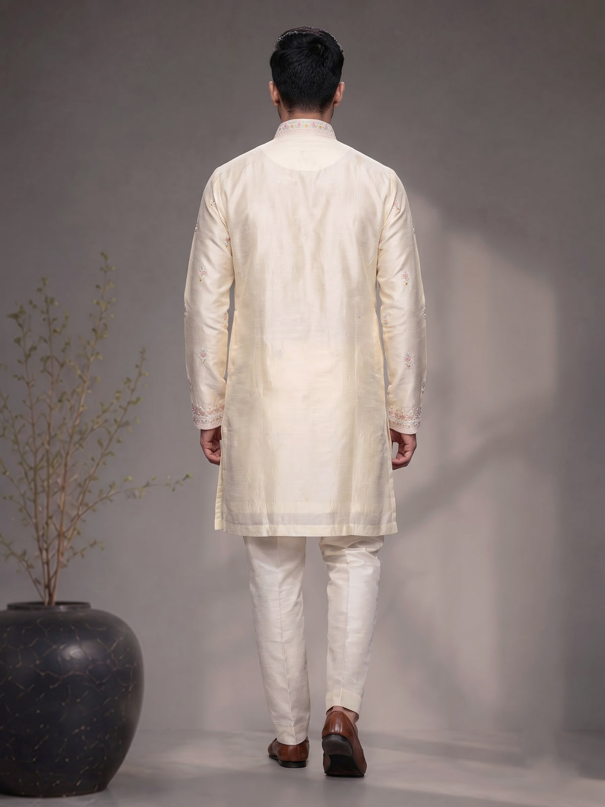 Cream raw silk embroidered kurta suit for mens weddings
