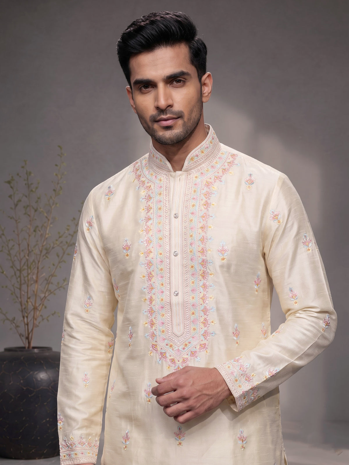 Cream raw silk embroidered kurta suit for mens weddings