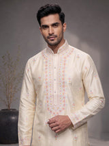 Cream raw silk embroidered kurta suit for mens weddings