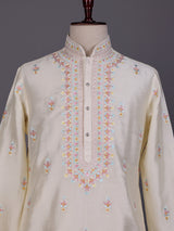 Cream raw silk embroidered kurta suit for mens weddings