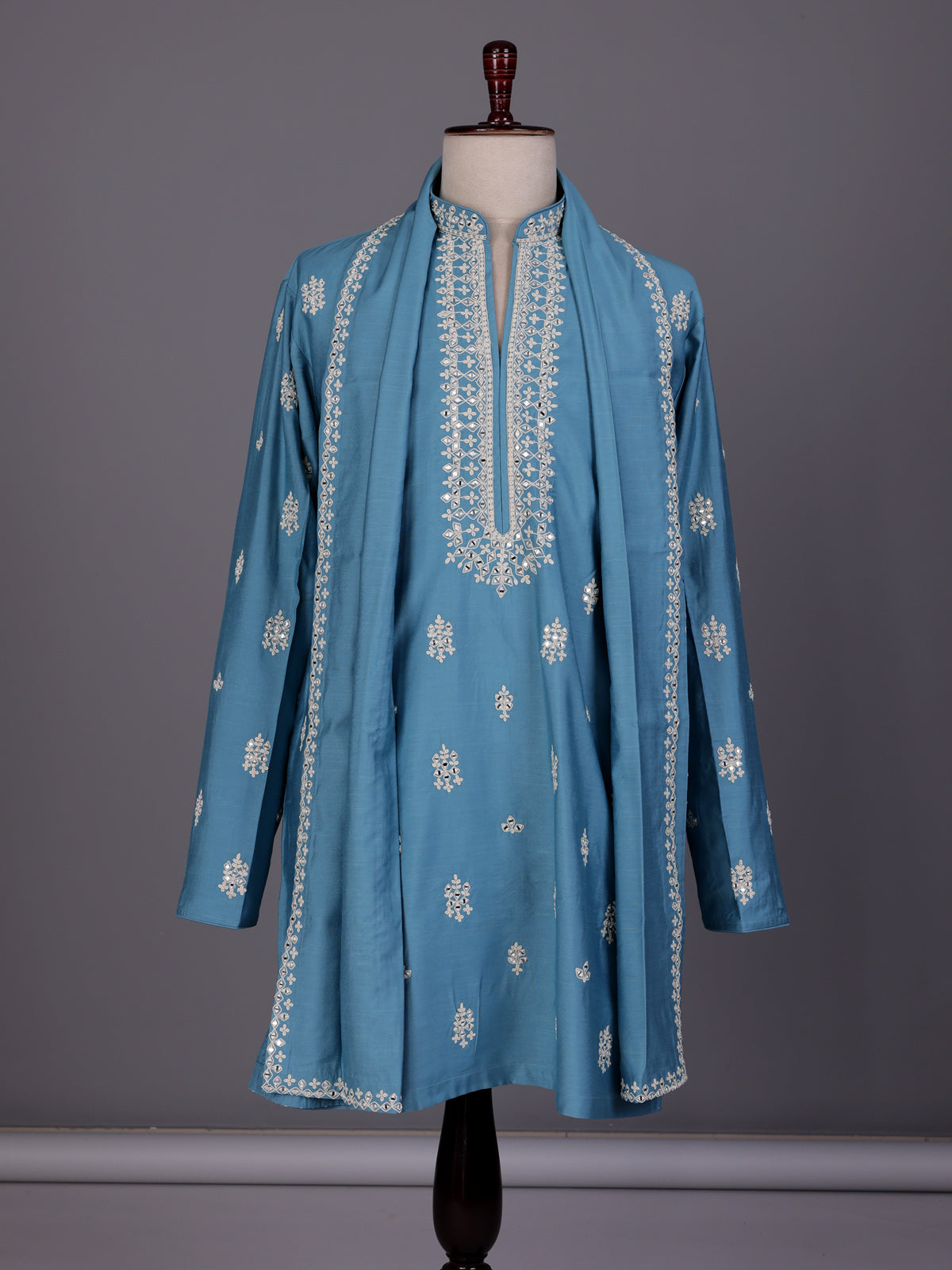 Firozi blue thread aabla kurta suit with dupatta for mens