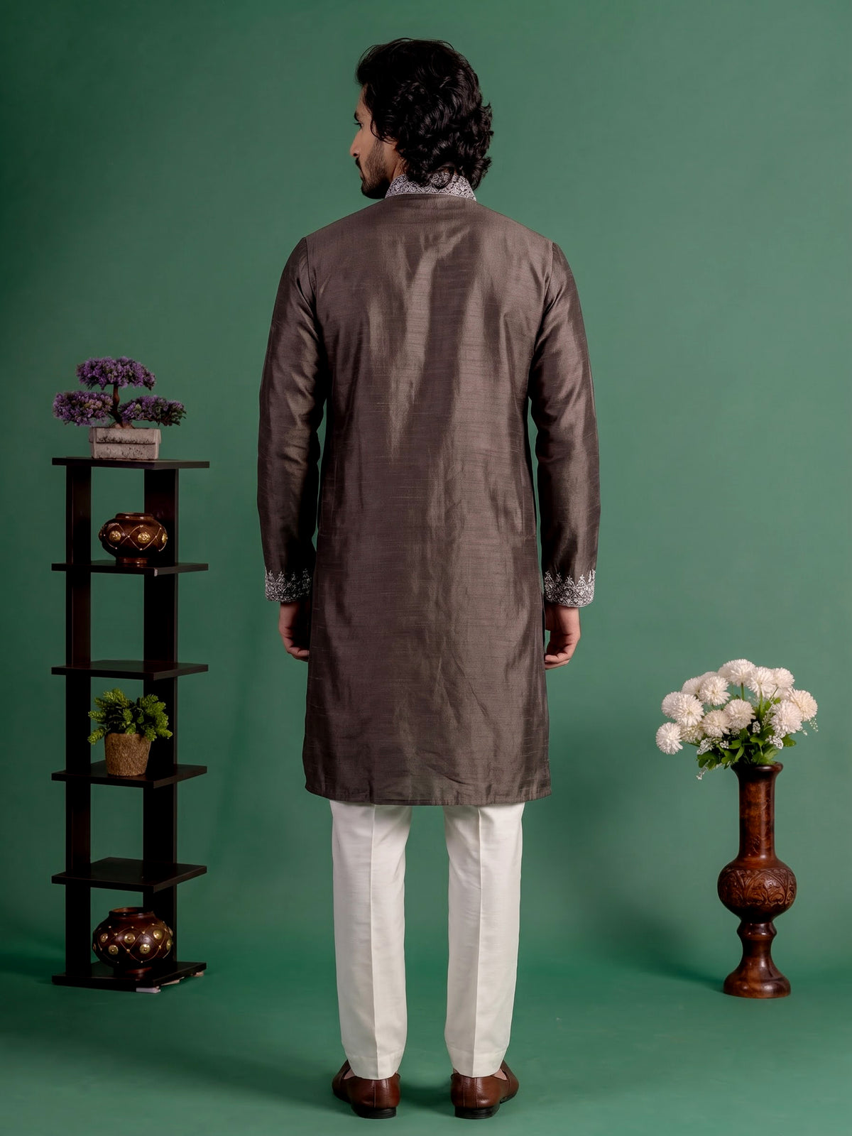 Dark grey zardosi kurta suit with sequins for mens