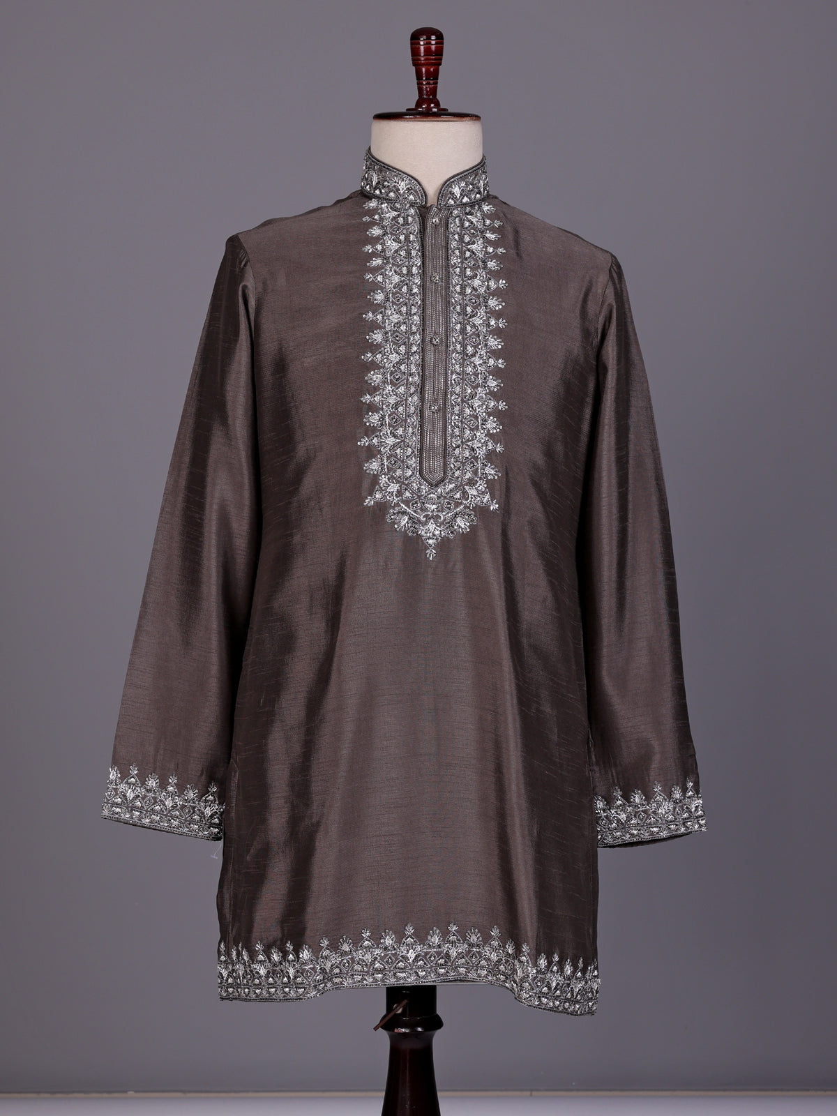 Dark grey zardosi kurta suit with sequins for mens