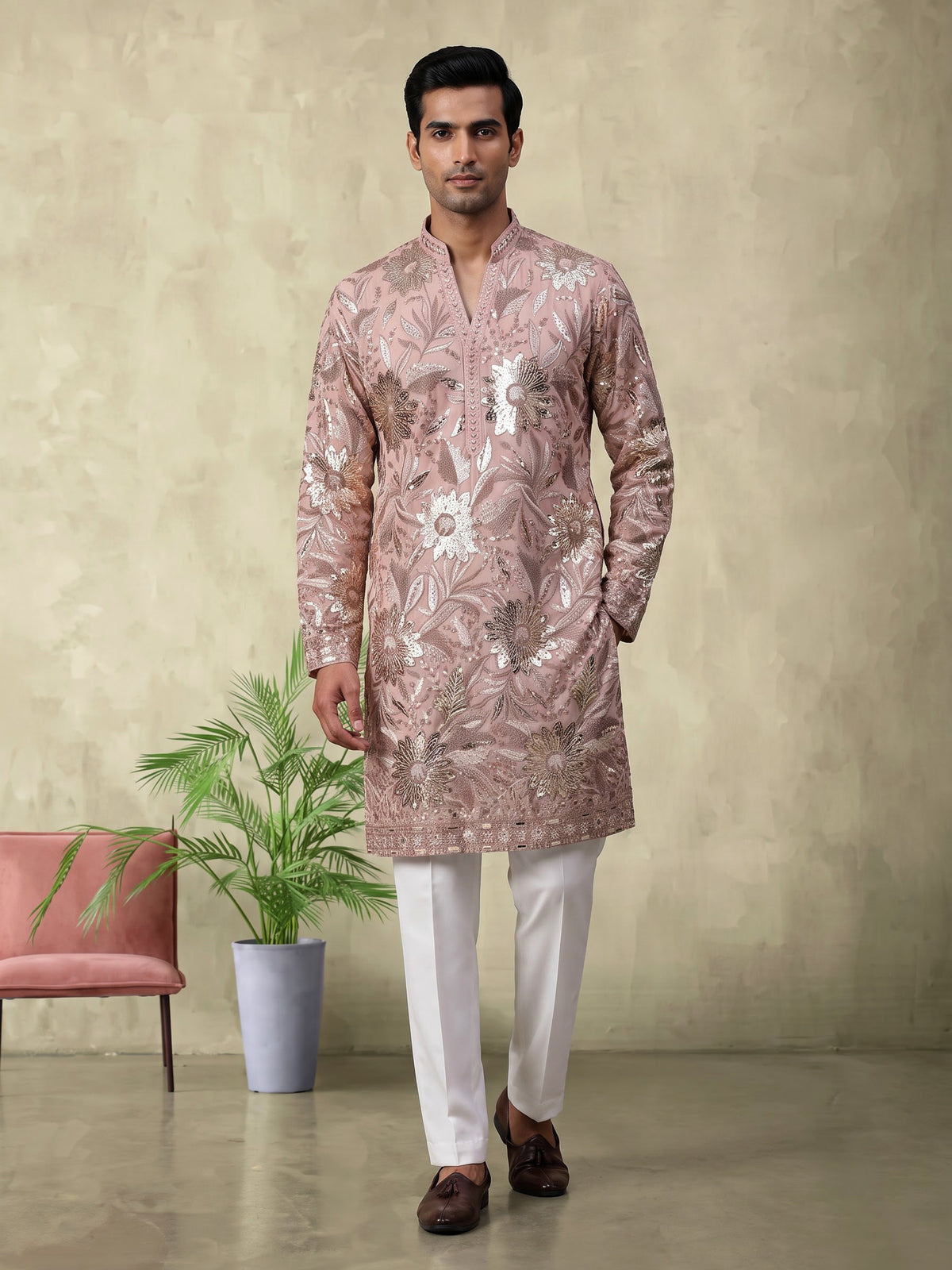 Onion pink embroidered kurta suit for mens receptions