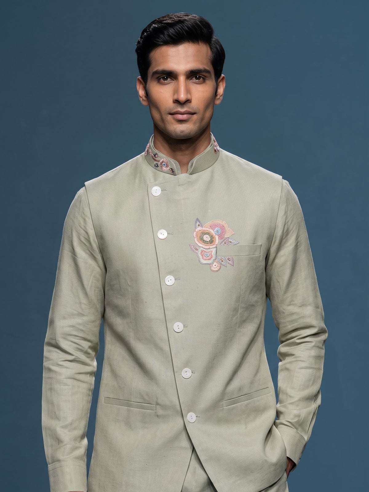Pista green designer waistcoat set with floral pocket detailing