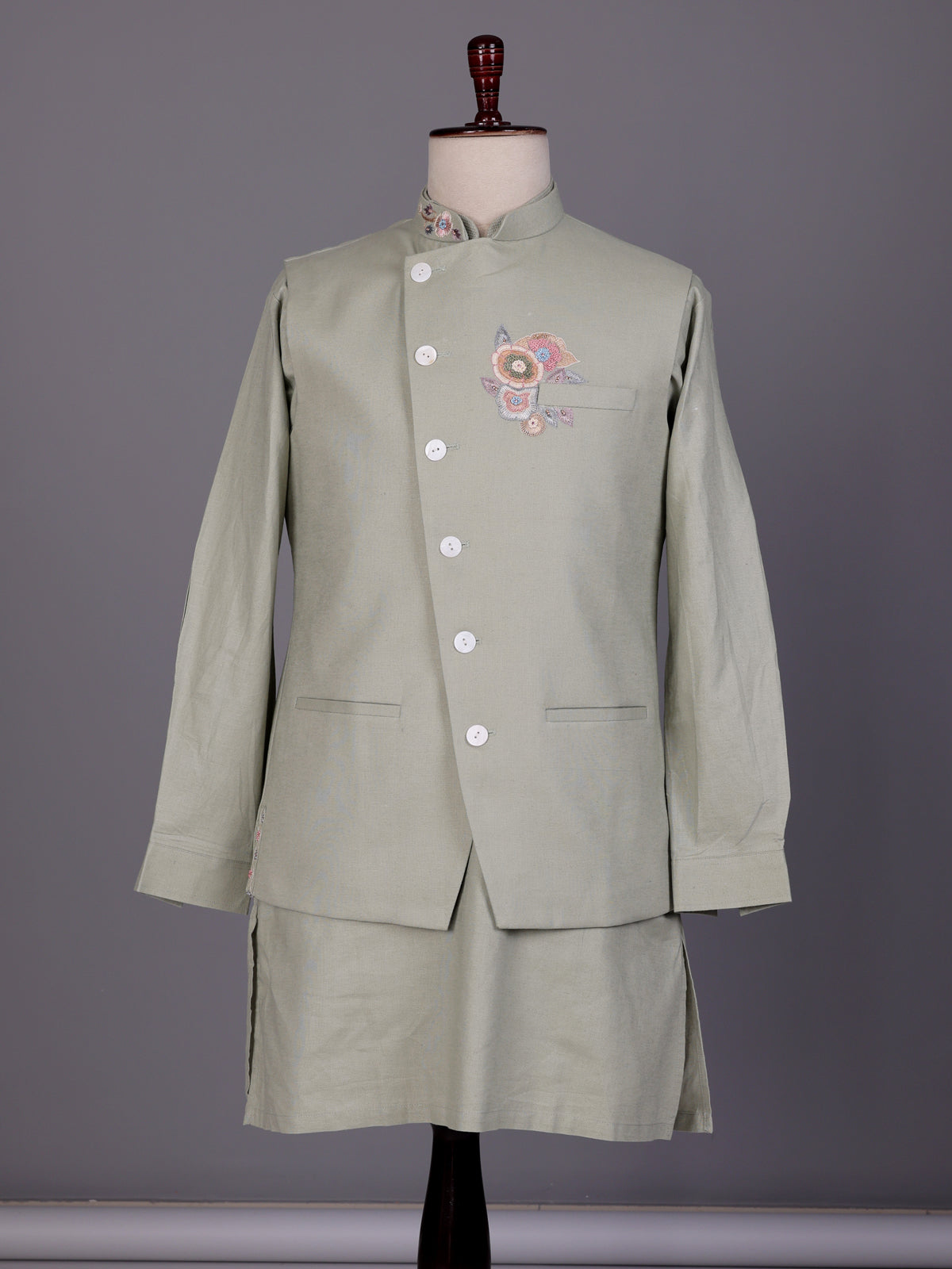 Pista green designer waistcoat set with floral pocket detailing