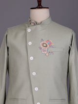 Pista green designer waistcoat set with floral pocket detailing