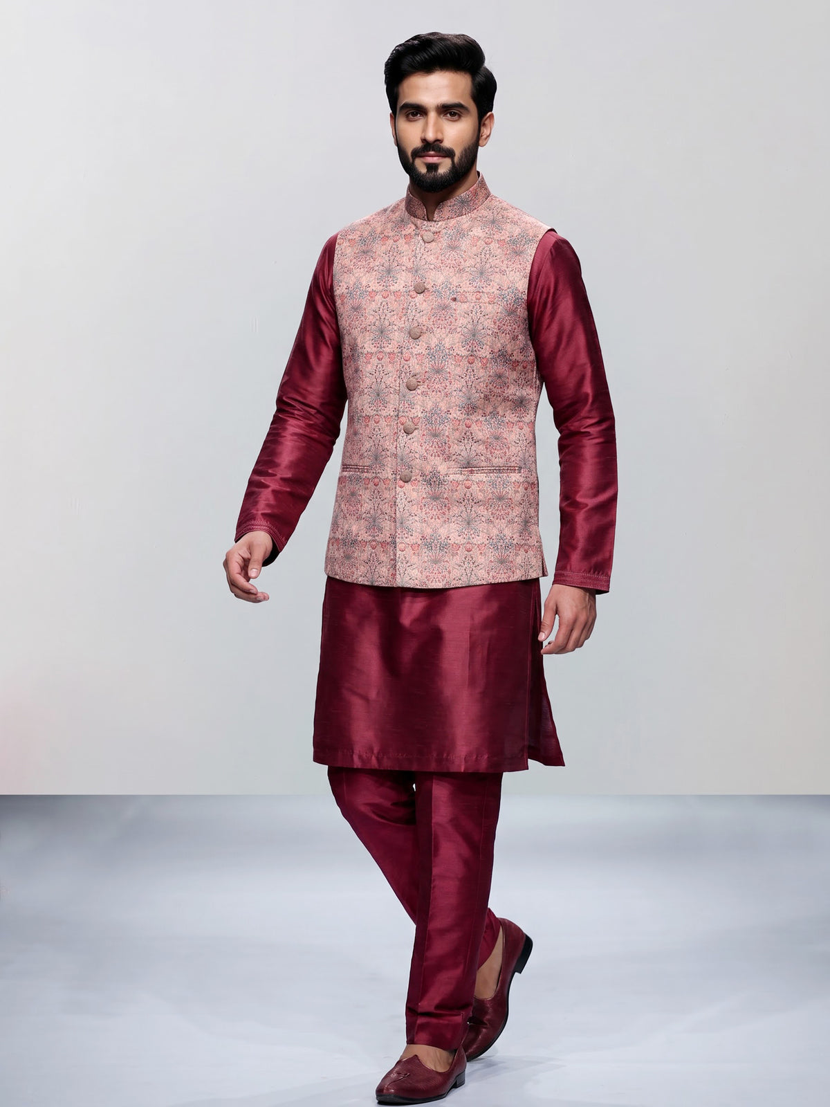 Wine floral printed silk waistcoat set with pants for mens