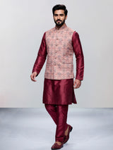Wine floral printed silk waistcoat set with pants for mens