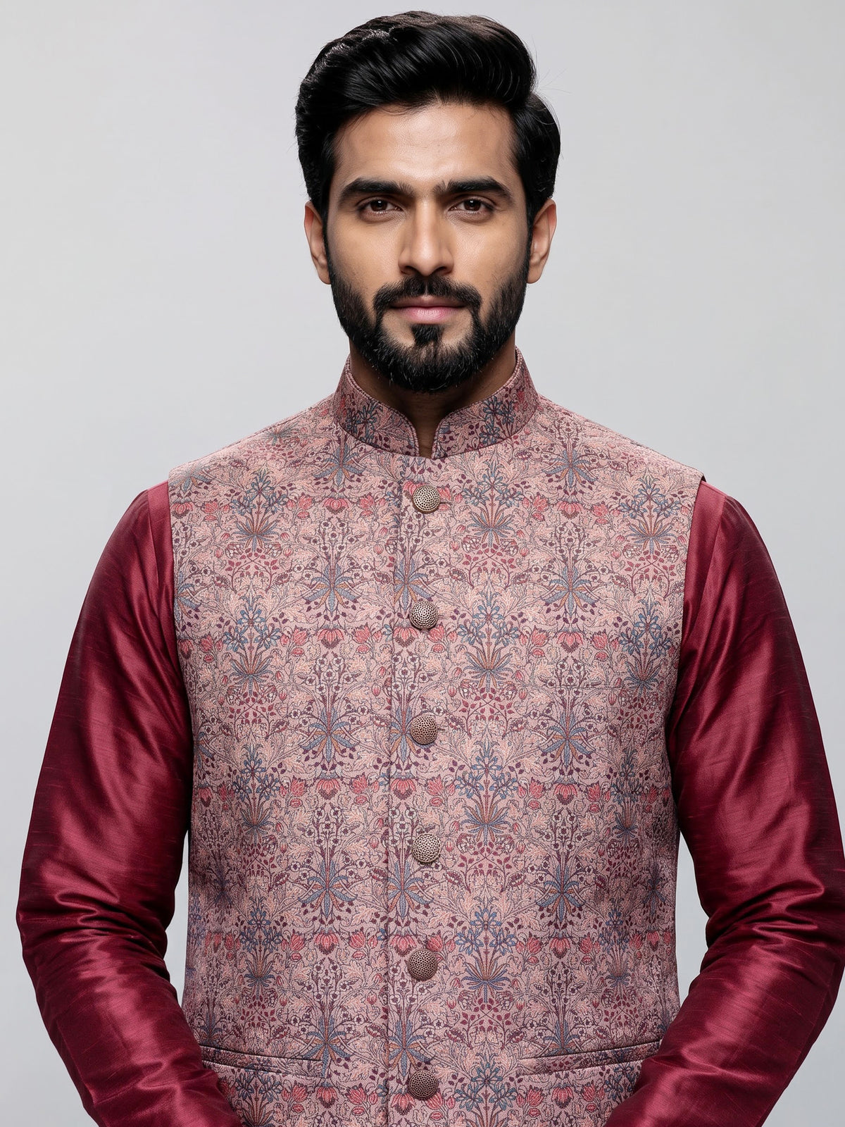 Wine floral printed silk waistcoat set with pants for mens