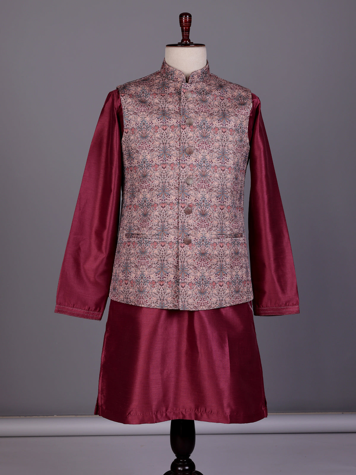 Wine floral printed silk waistcoat set with pants for mens