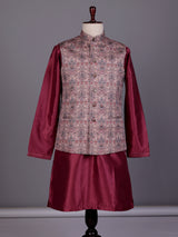 Wine floral printed silk waistcoat set with pants for mens