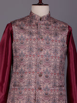 Wine floral printed silk waistcoat set with pants for mens