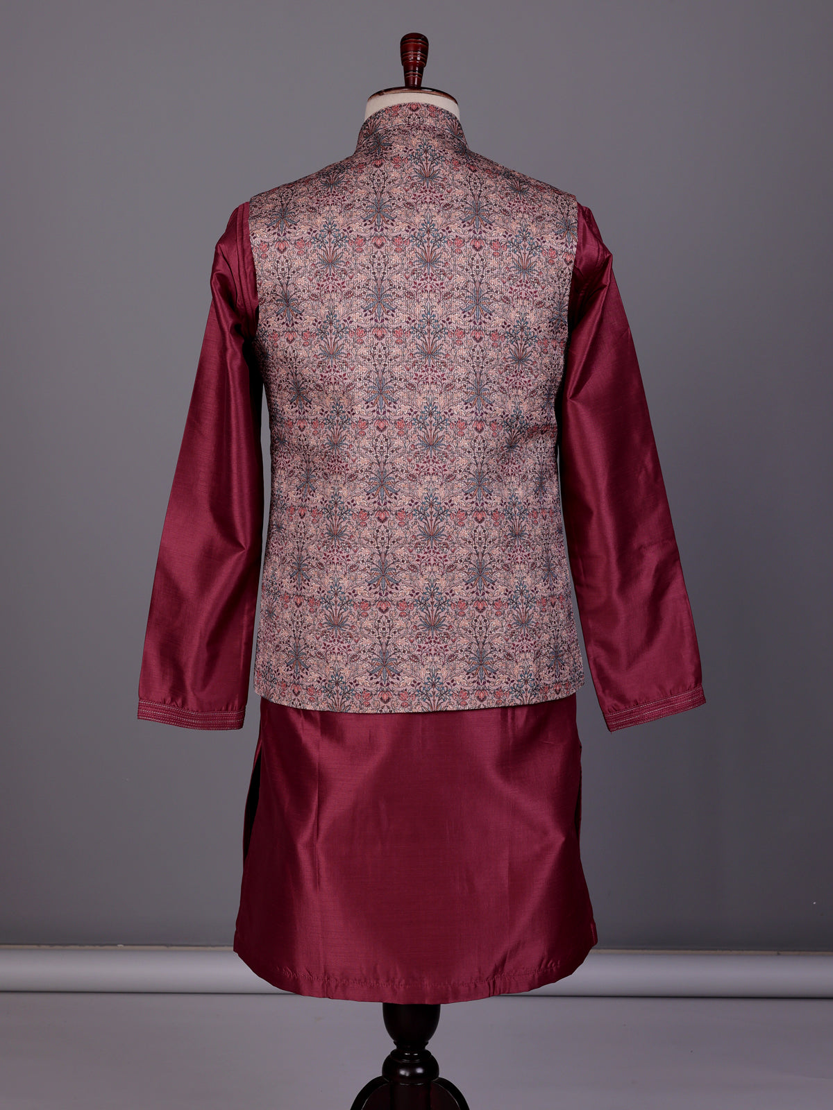 Wine floral printed silk waistcoat set with pants for mens