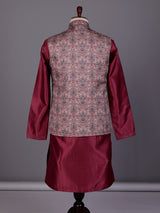 Wine floral printed silk waistcoat set with pants for mens