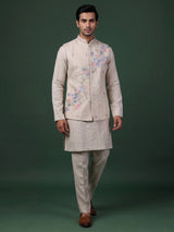 Off white floral thread waistcoat set with pants for mens