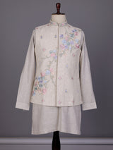Off white floral thread waistcoat set with pants for mens