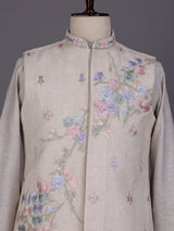 Off white floral thread waistcoat set with pants for mens