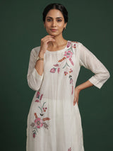 White silk floral kurti set with sequin thread detailing