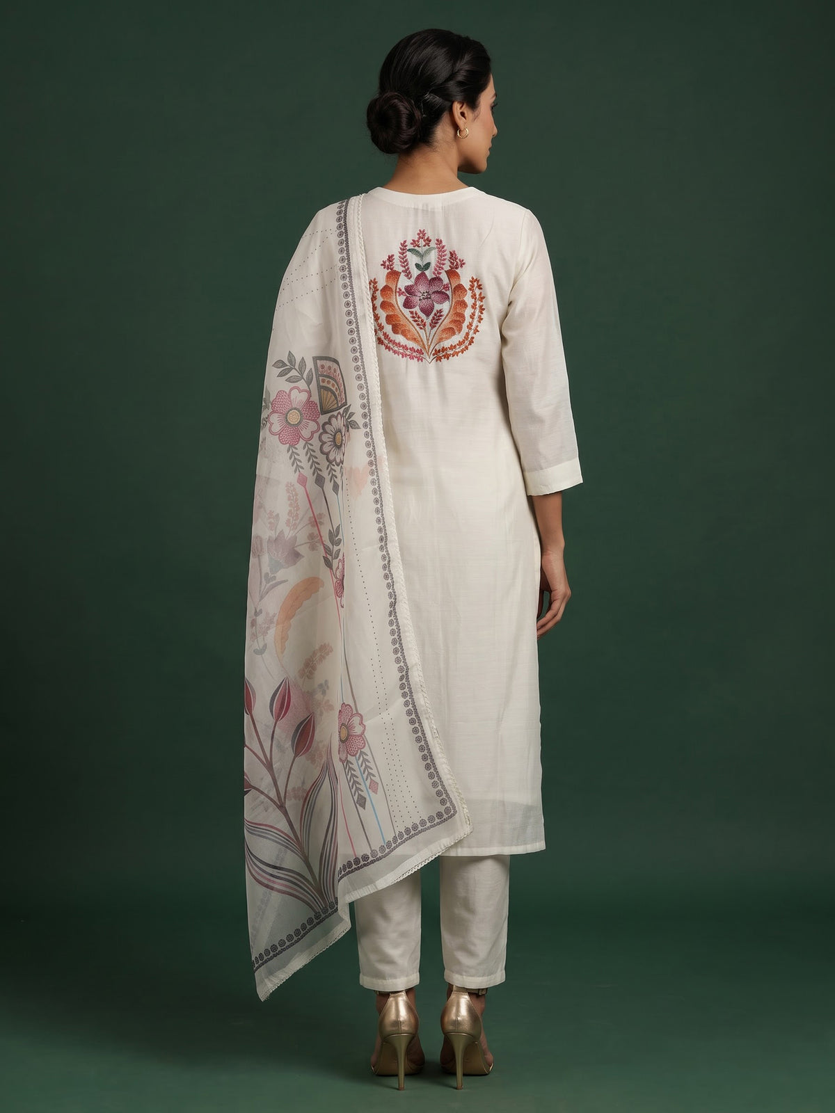 White silk floral kurti set with sequin thread detailing