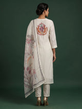 White silk floral kurti set with sequin thread detailing