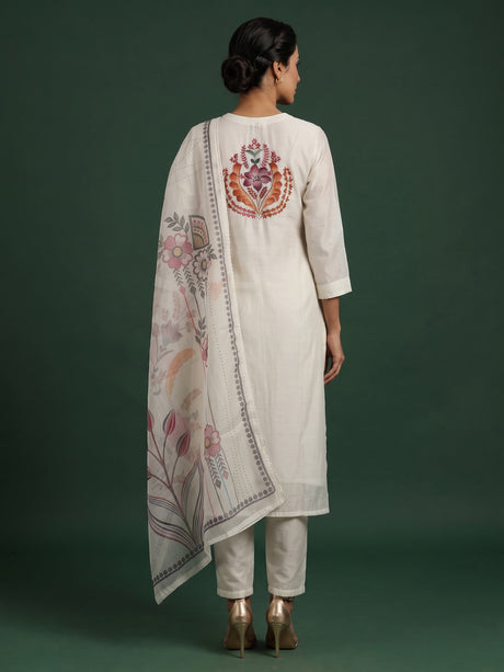 White silk floral kurti set with sequin thread detailing