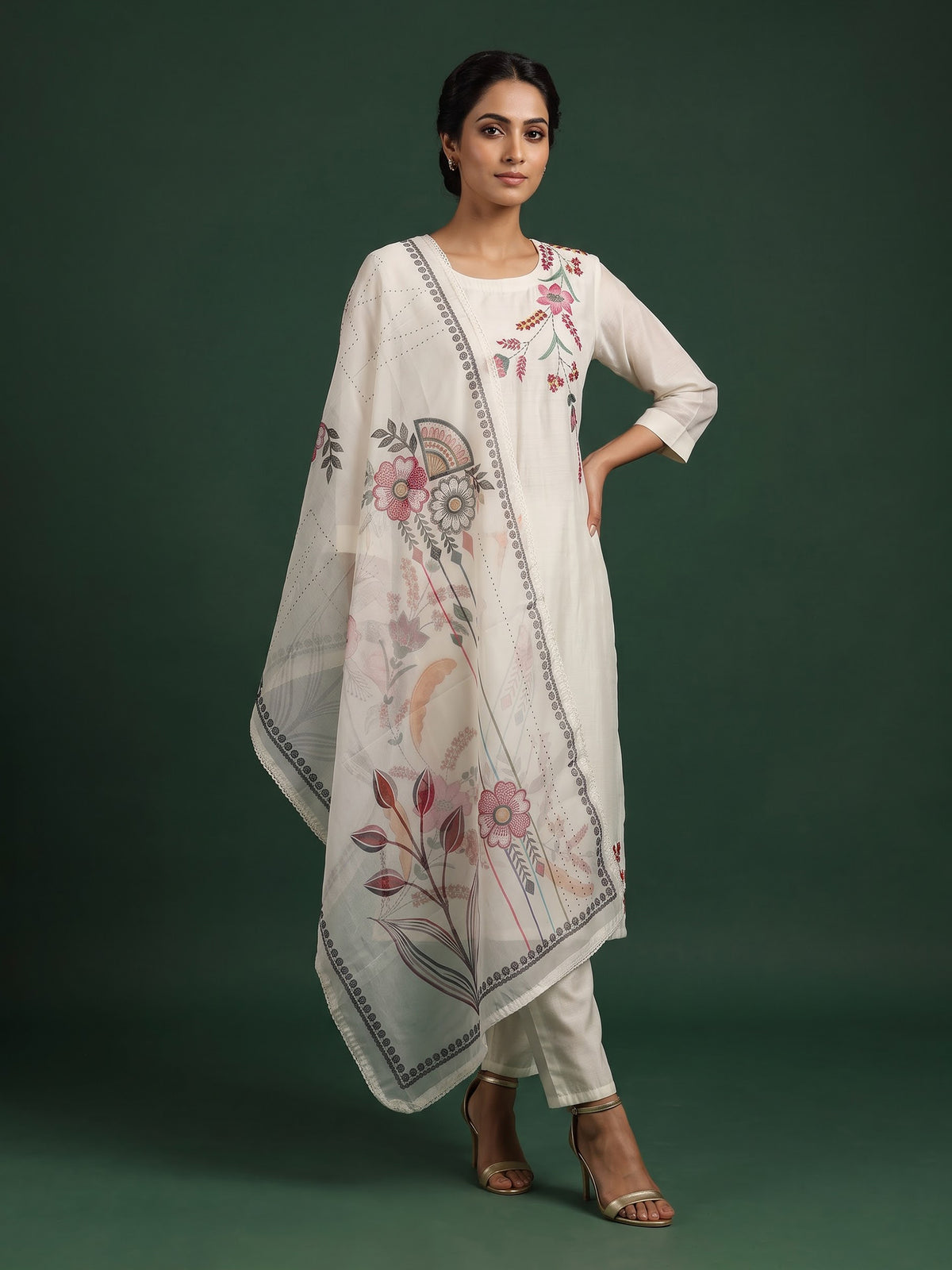 White silk floral kurti set with sequin thread detailing