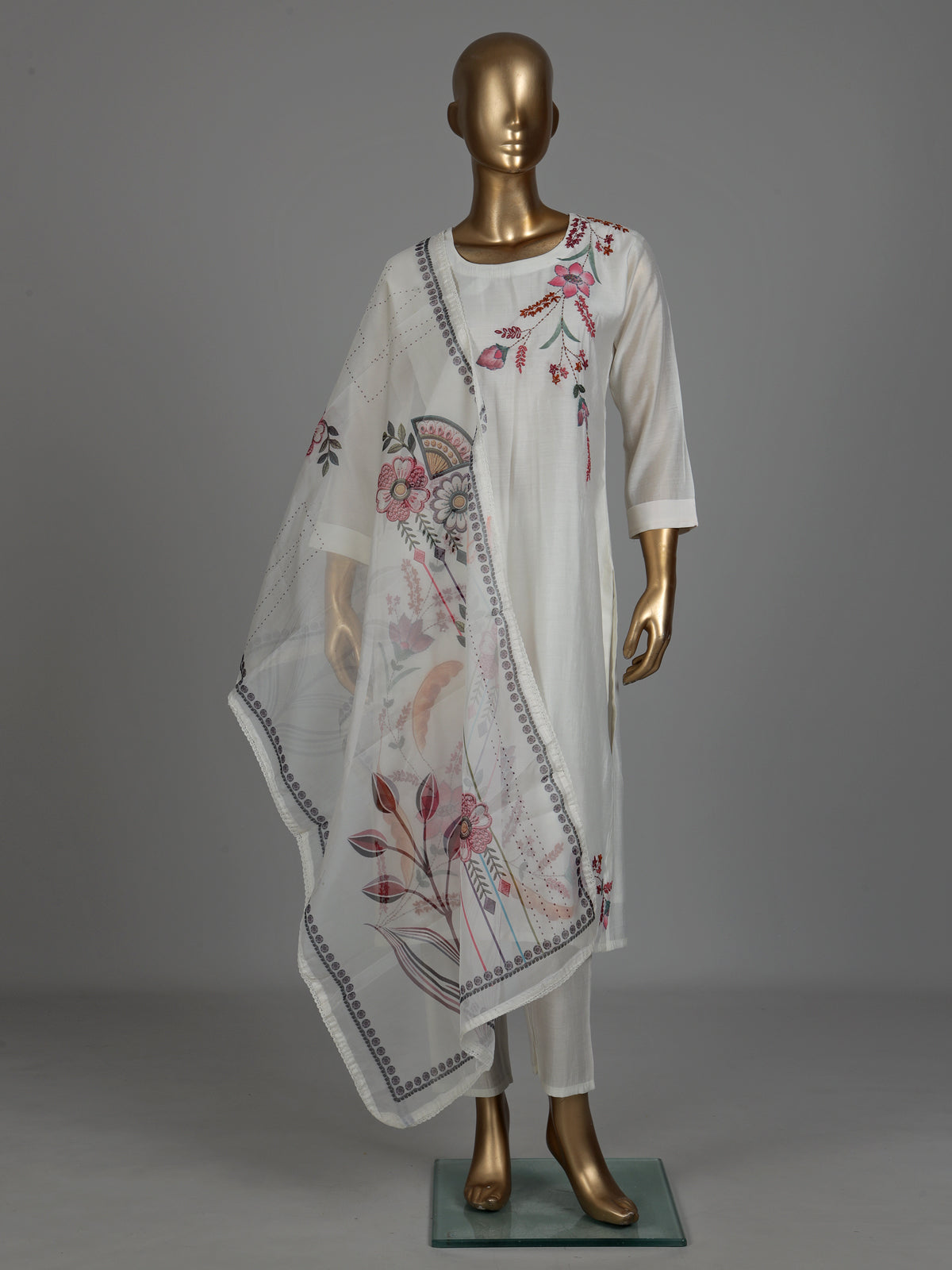 White silk floral kurti set with sequin thread detailing
