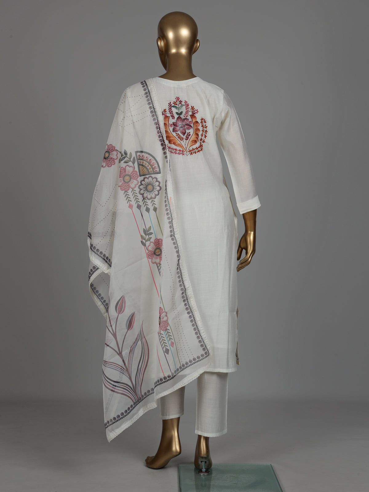 White silk floral kurti set with sequin thread detailing