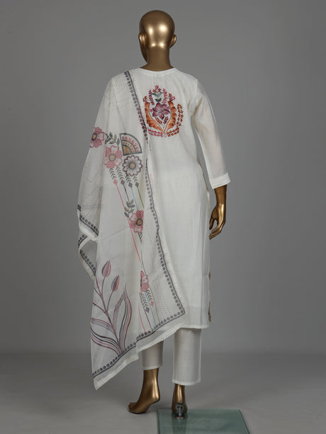 White silk floral kurti set with sequin thread detailing