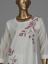 White silk floral kurti set with sequin thread detailing