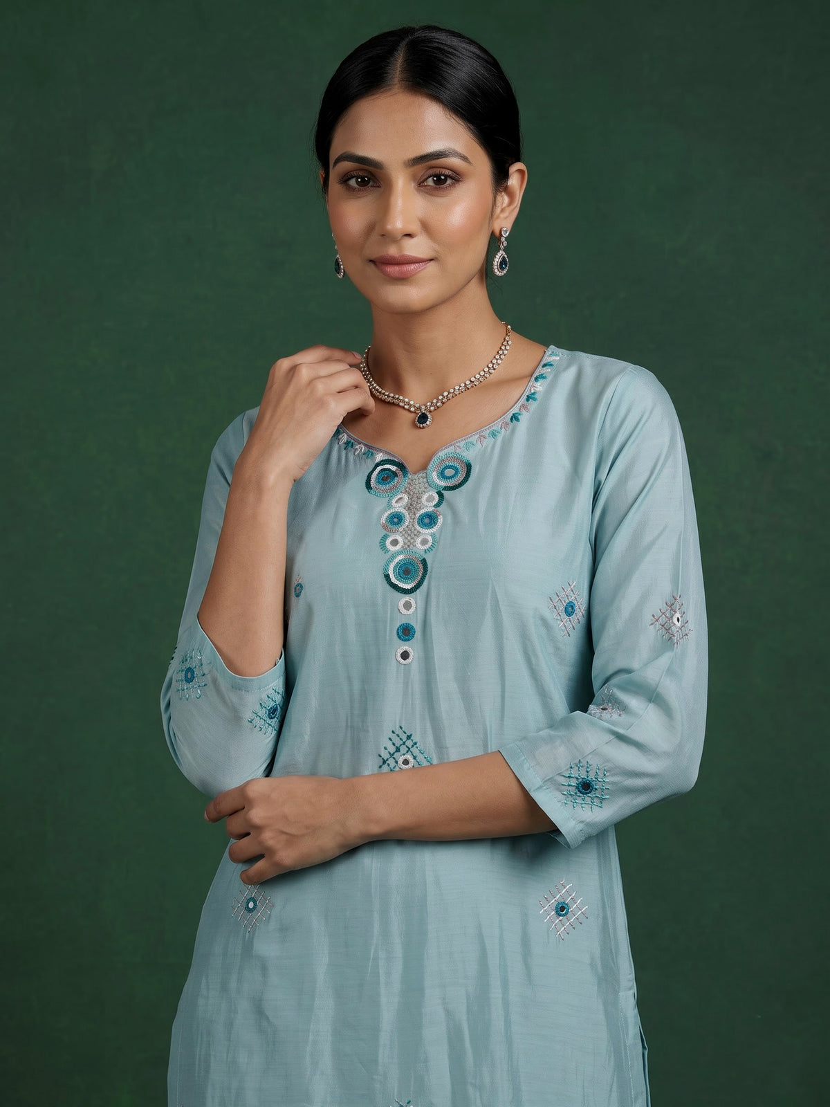 Sky blue silk straight cut kurti set with aabla detailing