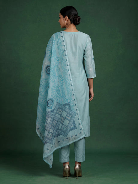 Sky blue silk straight cut kurti set with aabla detailing
