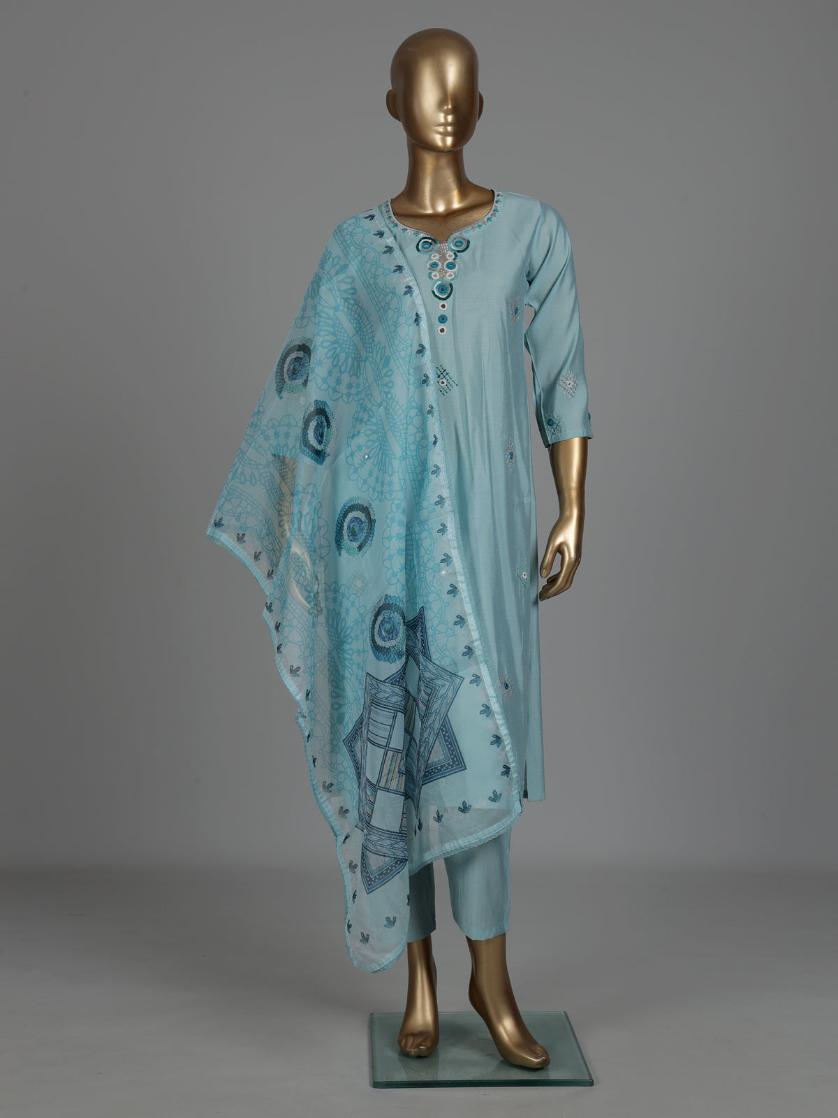 Sky blue silk straight cut kurti set with aabla detailing