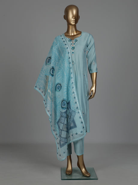 Sky blue silk straight cut kurti set with aabla detailing