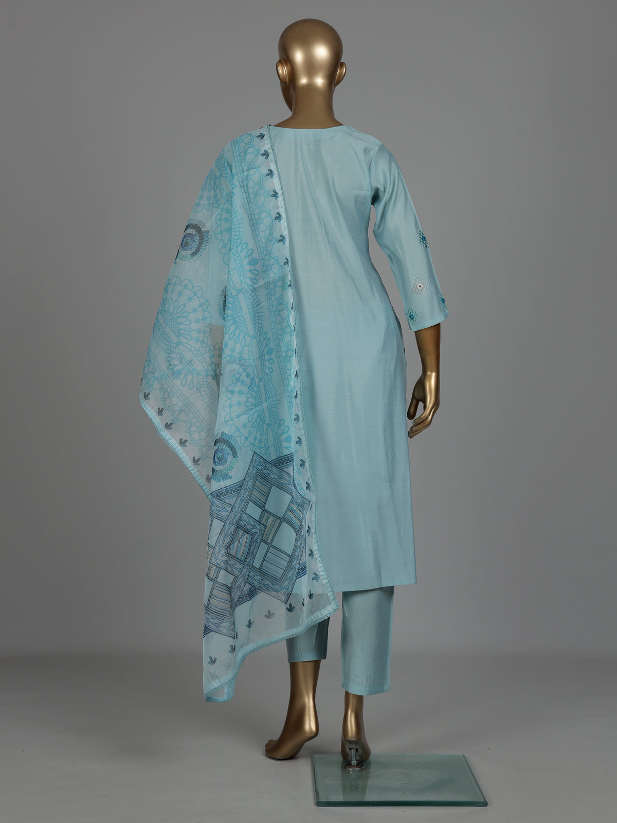 Sky blue silk straight cut kurti set with aabla detailing