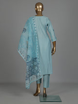 Sky blue silk straight cut kurti set with aabla detailing