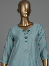 Sky blue silk straight cut kurti set with aabla detailing