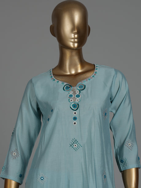 Sky blue silk straight cut kurti set with aabla detailing