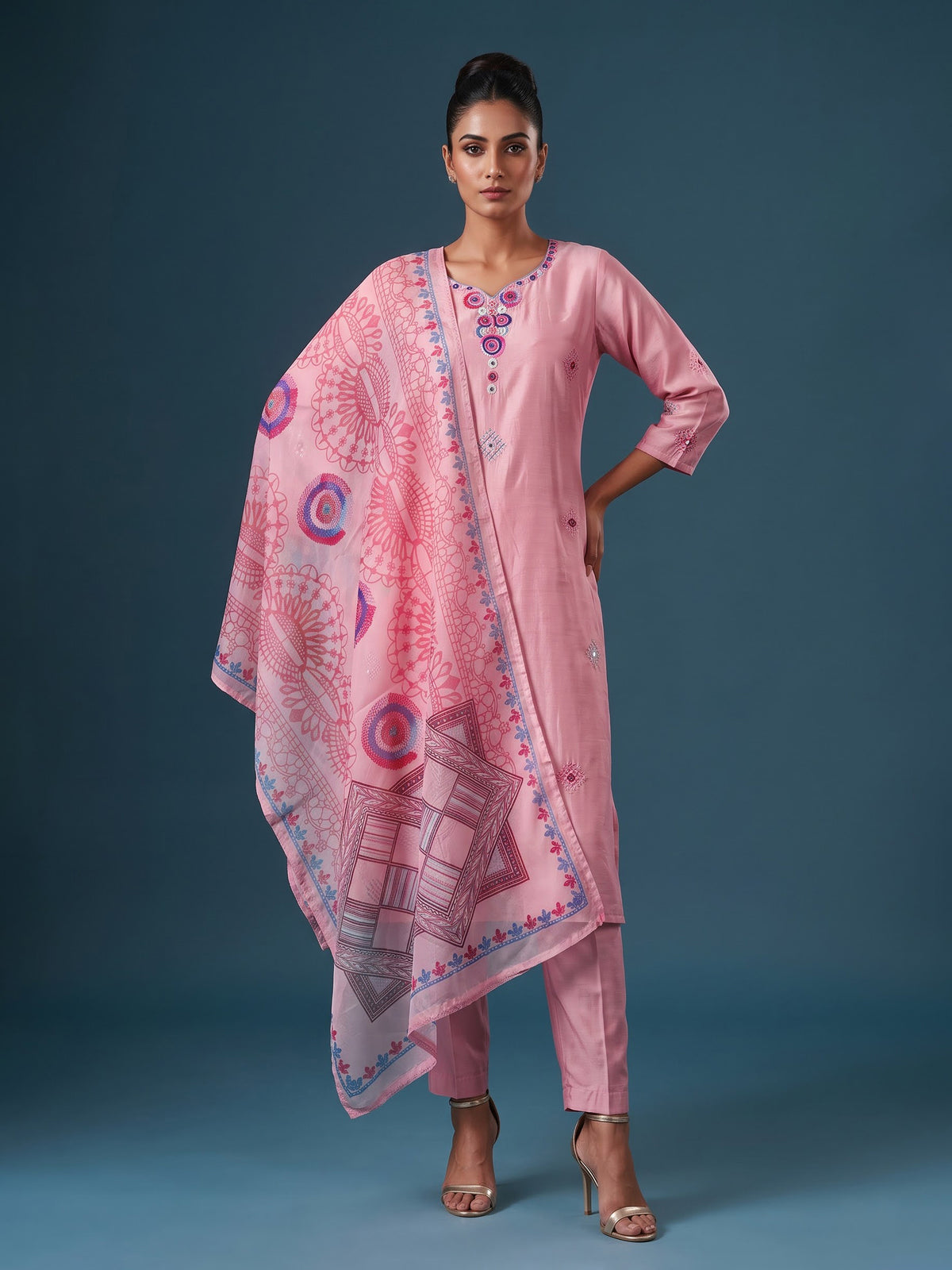 Pink silk straight cut kurti set with aabla sequin work